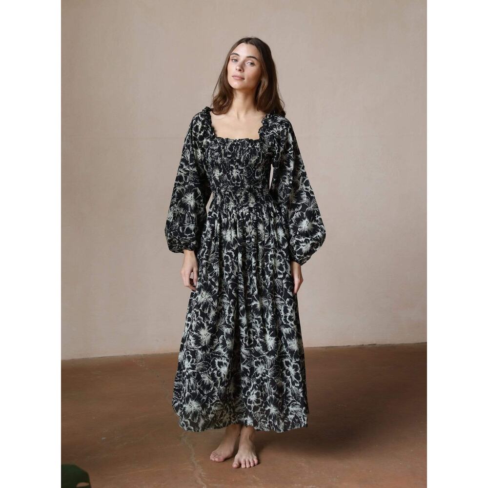 Millie Catherine Dress Black Hibiscus Midi Smocked Tropical Size XS Cotton